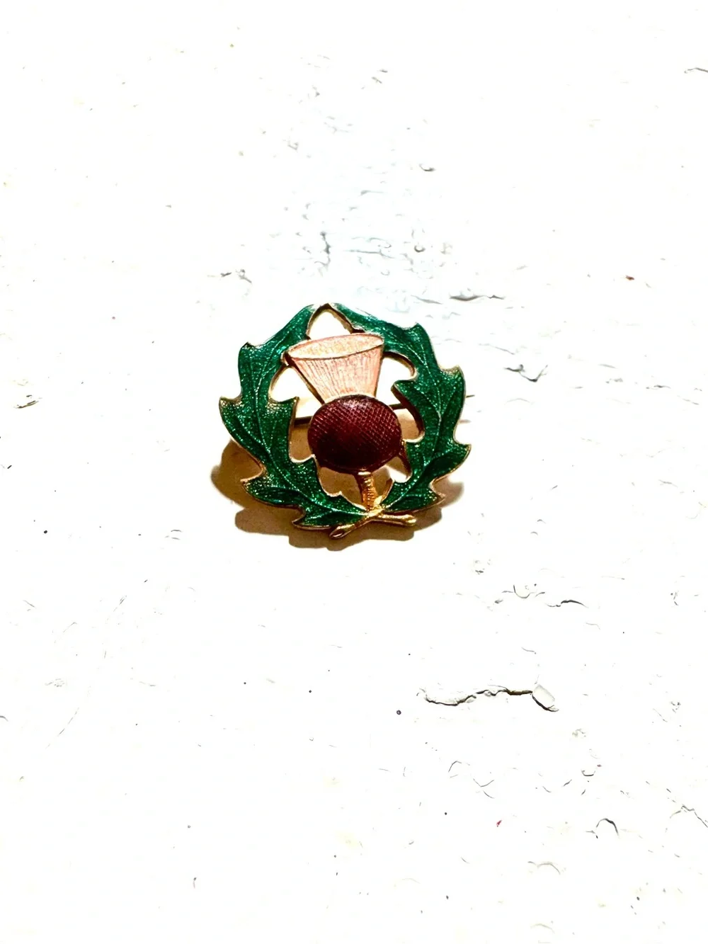 Green Enamel Thistle Pin with Burgundy Accent